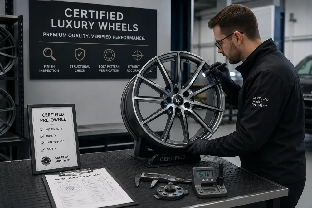 A clean workshop scene showing certified used luxury-car wheels being inspected for finish, stru
