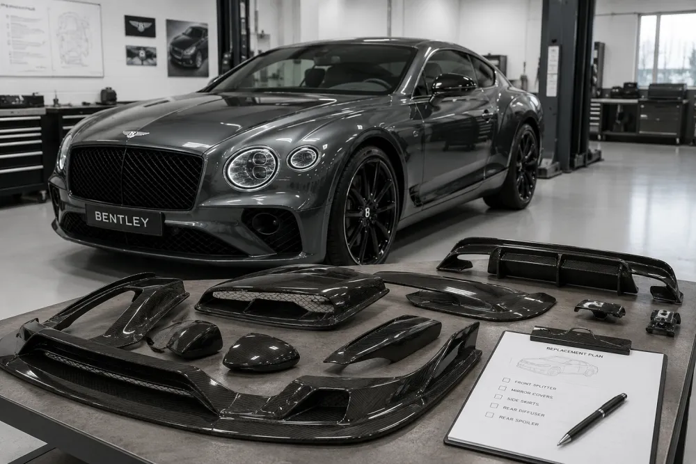 Bentley luxury coupe in a clean workshop with carbon fiber auto parts laid out for inspection