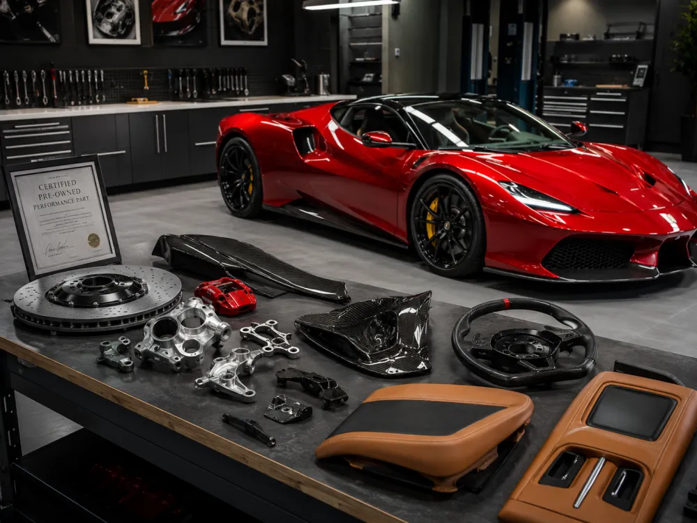 Certified used luxury car parts laid out on a clean workshop bench beside a Ferrari-inspired red performance car, showing