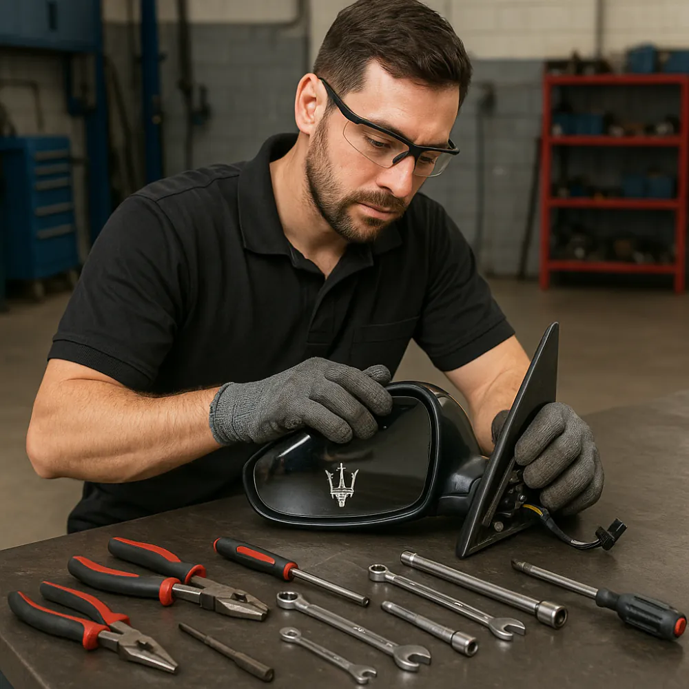 Mechanic installing a used Maserati side mirror in workshop