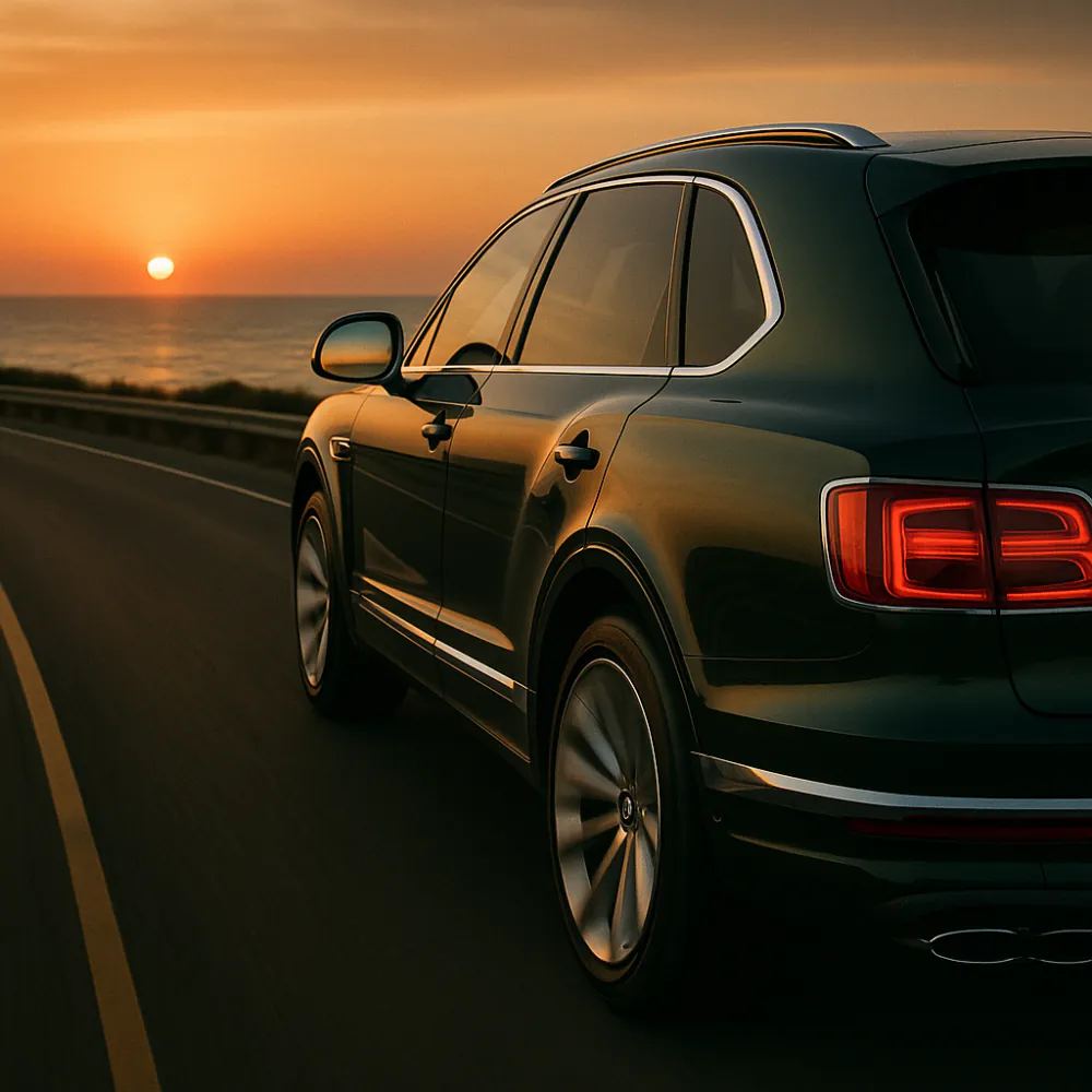 Chrome Bentley Bentayga mirror reflecting a sunset coastline