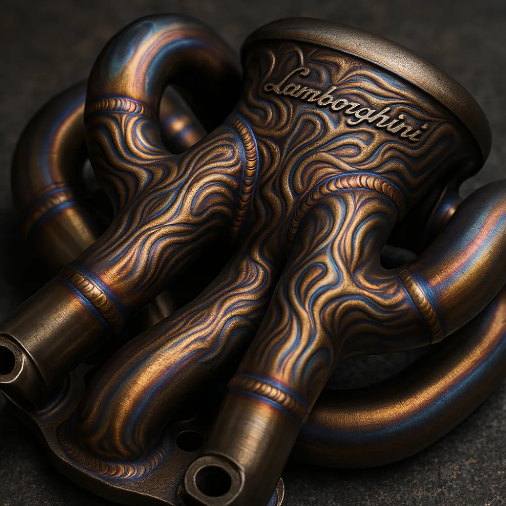Macro of titanium Lamborghini exhaust manifold
