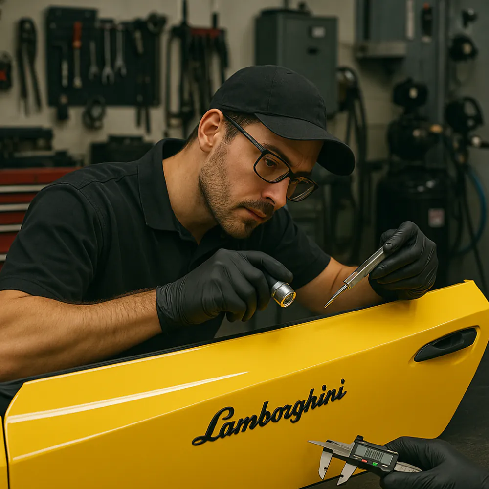 Technician inspecting Lamborghini outer door panel