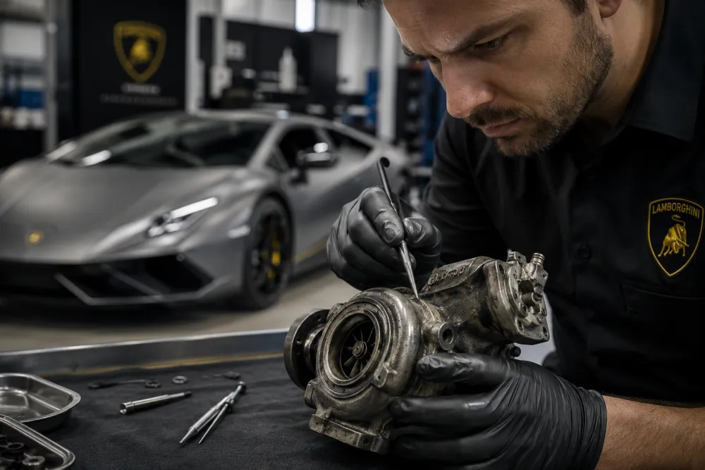 Close-up of a technician inspecting a used luxury car component with precision tools, with a Lamborghini-inspired performance vehicle softly visible in the background