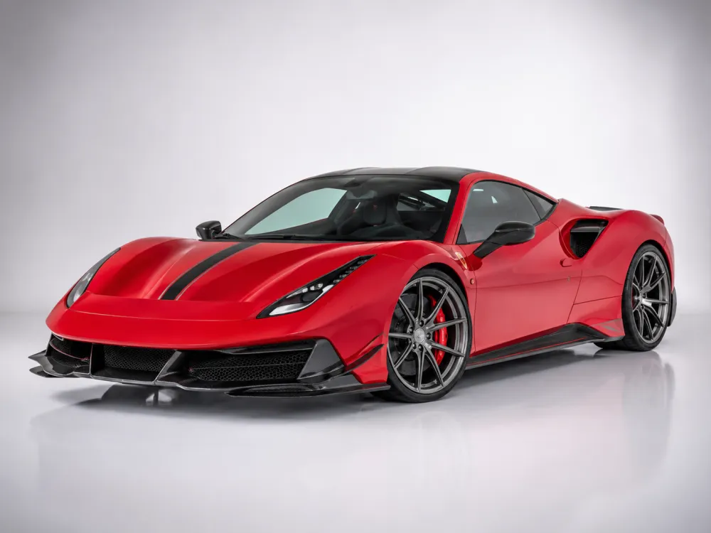 Ferrari 458 Scuderia inspired red performance car front three-quarter view in a clean studio, emphasizing lightweight body panels and precision detailing