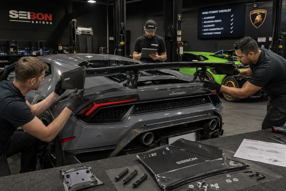 Luxury performance workshop scene with a Lamborghini being inspected for carbon fiber wing fitment, mechanics checking alignment, mounting points, and rear deck compatibility