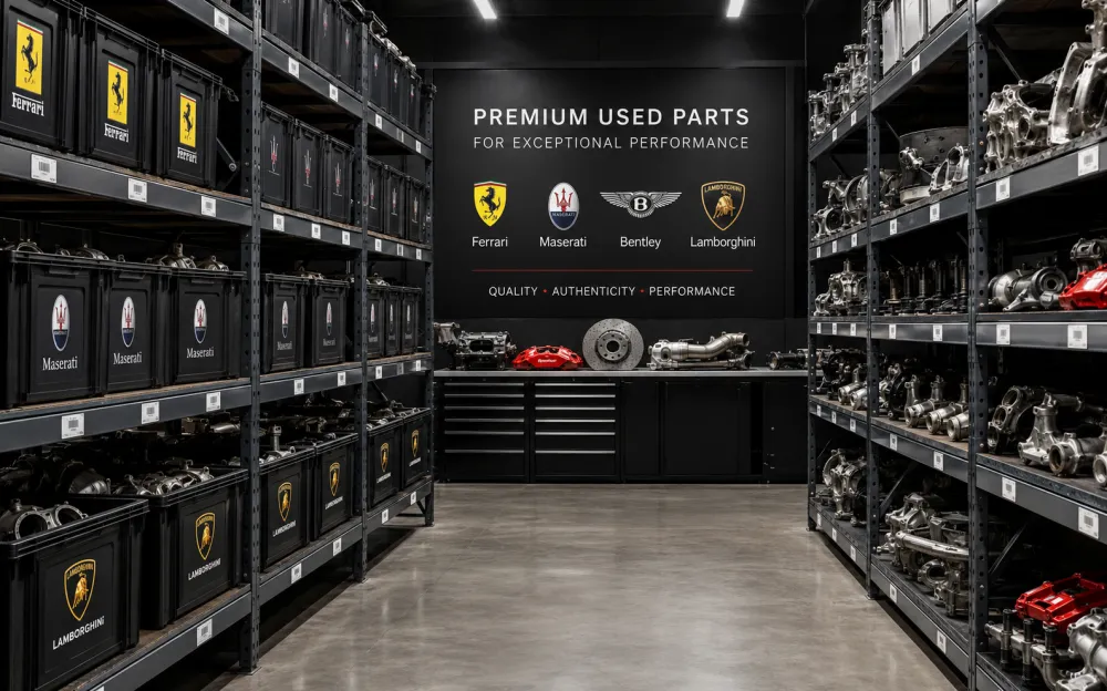 Warehouse shelves with organized premium used parts for Ferrari, Maserati, Bentley and Lamborghini vehicles, styled as a clean luxury automotive parts environment