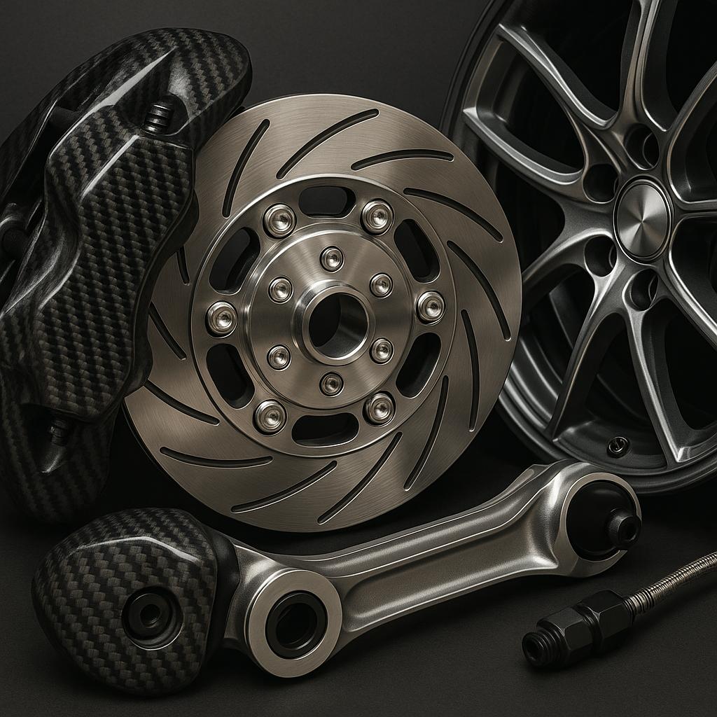 The image displays a high-performance automotive engine and transmission assembly mounted on a display stand in a showroom or museum setting